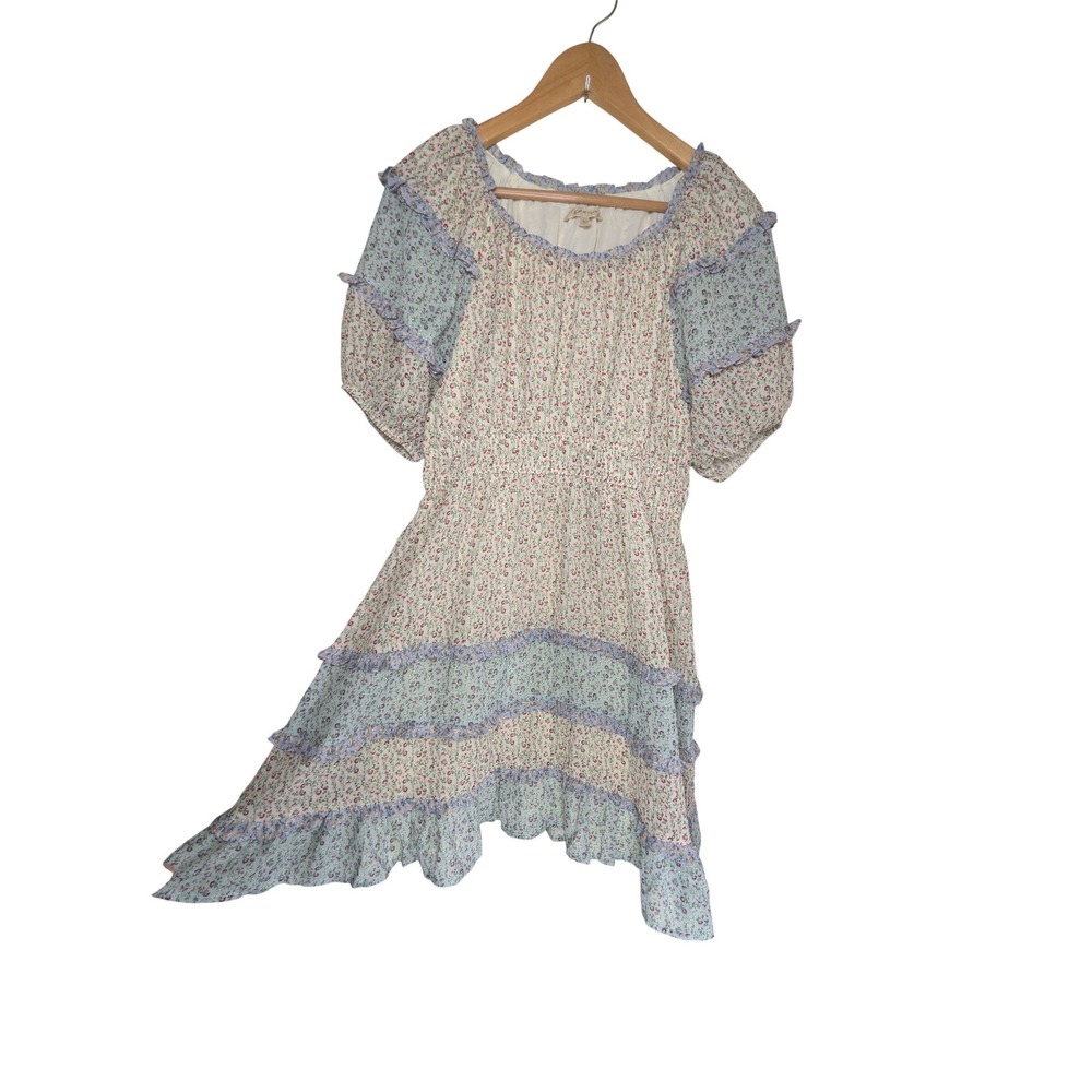 Sweet en Forme Floral Tiered Mini Dress‎ Smocked Waist Puff Sleeve Pastel Large